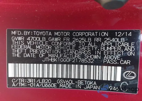 2015 Lexus Es 350 from USA, damaged, VIN JTHBK1GG0F2178532